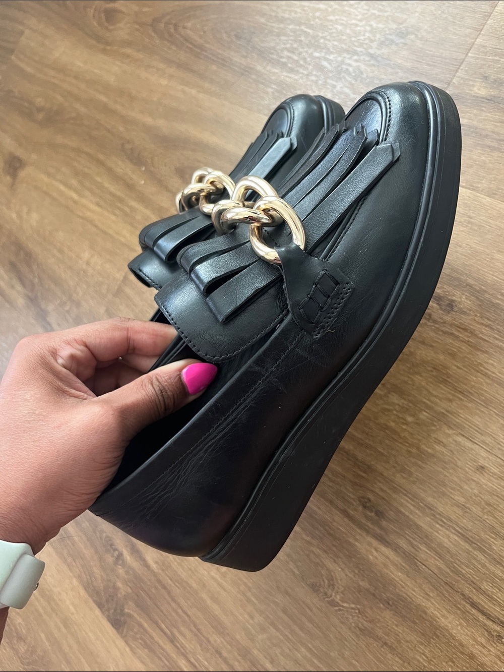ANTONIO MELANI Black Leather Fringe Loafers with Gold Chain Accent - Picture 5 of 5